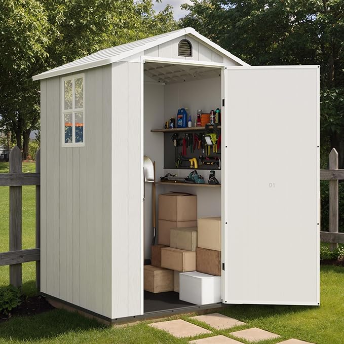 Greesum 4x4FT Plastic Storage Shed with Floor, Resin Outdoor Storaged Sheds with Lockable Door, All Weather Durable Tool Shed with Window and Vent, for Garden, Backyard, Patio, Light Gray