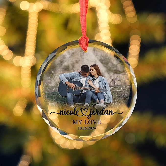 Personalized Couple Photo Ornament β Custom Names, Place & Date Acrylic or Glass Ornament Keepsake 2025