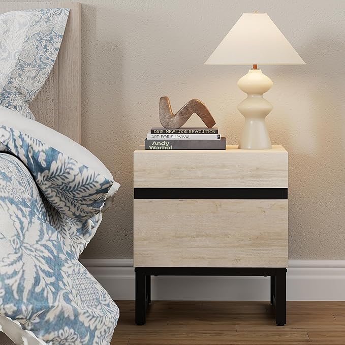 WAMPAT Modern End Table with 2 Drawers, Farmhouse Sofa Table Featuring Black Square Iron Legs, Rustic Wood Side Table for Living Room or Nightstand for Bedroom, Light Oak
