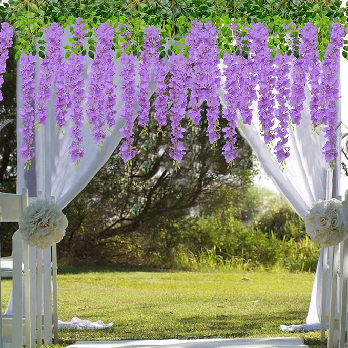 U'Artlines 24 Pack (Total 86.4 Feet) Artificial Fake Wisteria Vine Rattan Hanging Garland Silk Flowers String Home Party Wedding Decor (24, Purple)
