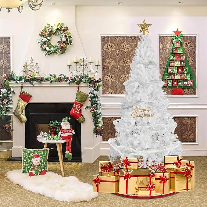 PLKO 6FT Artificial Holiday Christmas Tree,Artificial Christmas Tree Xmas Pine Tree with Stand and Soft White Branch for Holiday Indoor Outdoor,720Tips(White)