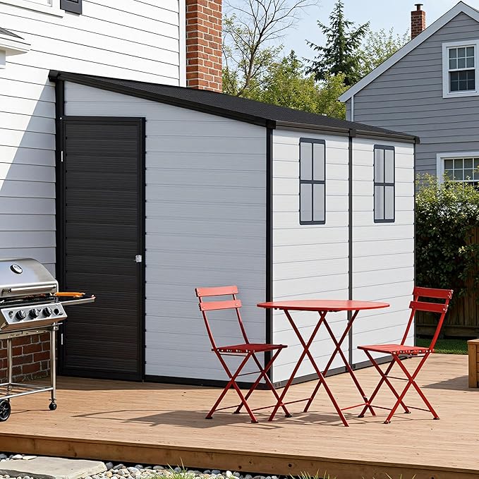 Jocisland 8x6x6 FT Resin Lean to Shed with Floor, Slanted Roof Lockable Outdoor Storage Shed with 2 Windows, Weather-Resistant Plastic Structure for Garden, Backyard, Patio, Lawn – Light Blue & Black
