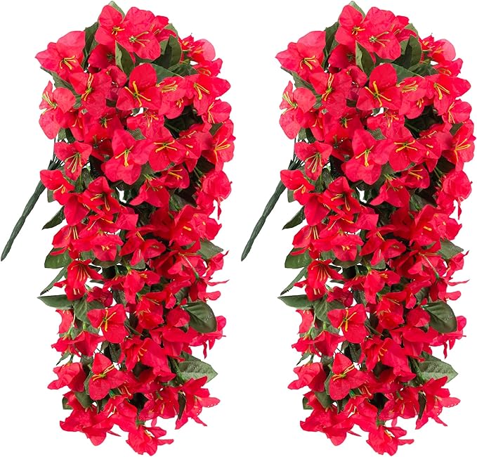 HyeFlora Bougainvillea Artificial Hanging Flowers Plants for Outdoors Decoration, 2pcs Fake Flowers Silk Bougainvillea Vines Realistic UV Resistant Faux Flowers for Outdoor Planters Porch Patio, Red