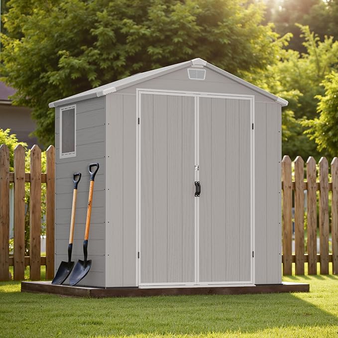 Greesum 6x4FT Plastic Outdoor Storage Shed with Floor, Resin Sheds with Lockable Double Door, All-Weather Tool Sheds with Window and Vents, for Garden, Backyard, Patio, Light Gray
