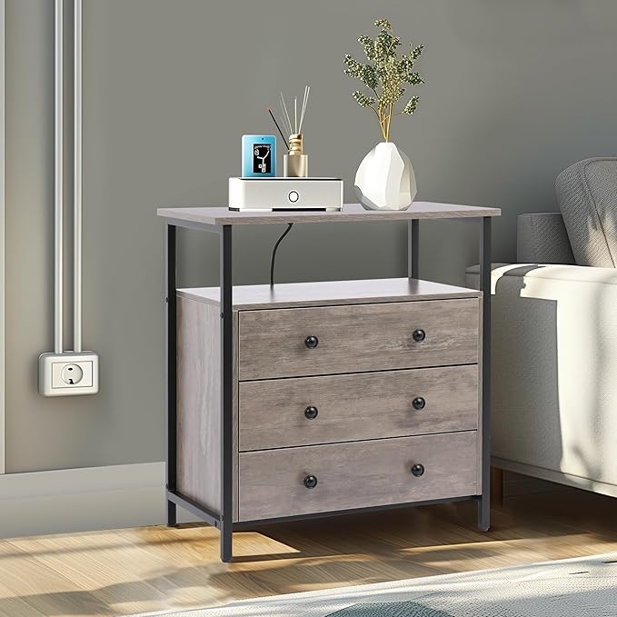 3 Wooden Drawers Night Stand, 27 Inch Wide Nightstand with Charging Station and Adjustable Drawers, Small Dresser for Closet, Bedside Table for Living Room/Bedroom/Office, Gray.