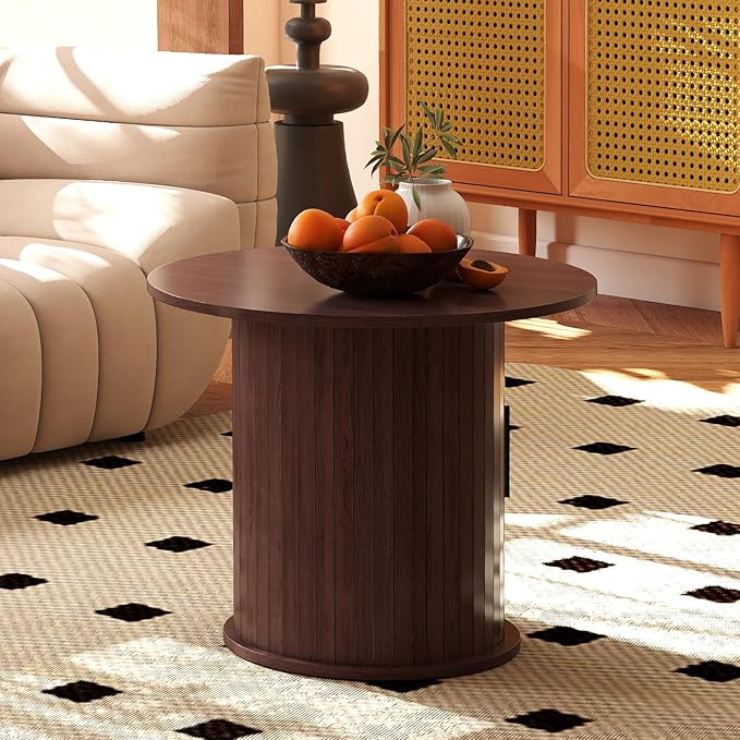 COSVALVE Round Wood Coffee Table 23.6IN with Hidden Storage & Sliding Door, Circle Farmhouse Side Table Sets for Living Room, Bedroom, Balcony, Small Spaces, Walnut