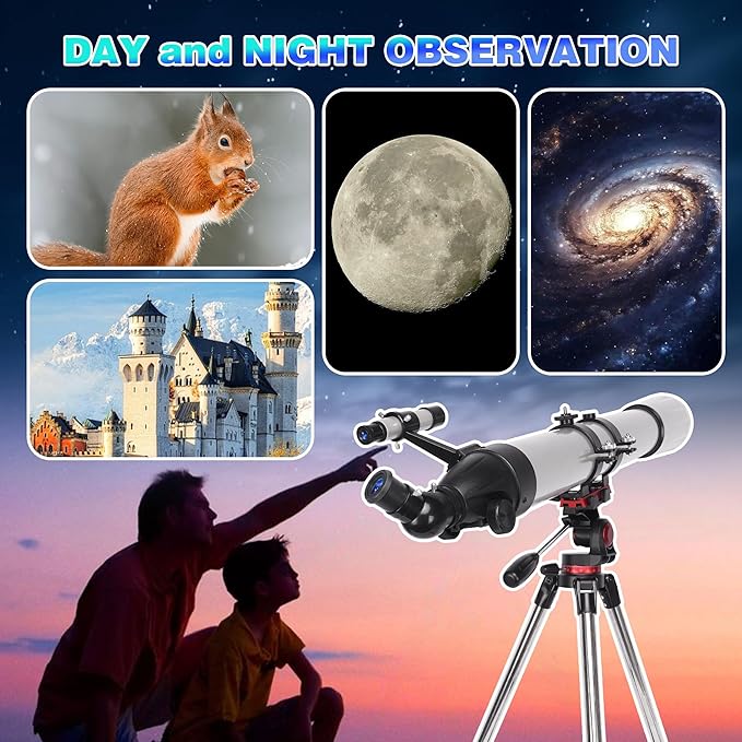 Telescope for Adults High Powered, 90mm Aperture 900mm Professional Astronomical Refractor Telescope for Beginners, Fully Multi-Coated High Light Transmittance for Ground&Moon Observation(Silver Gray)