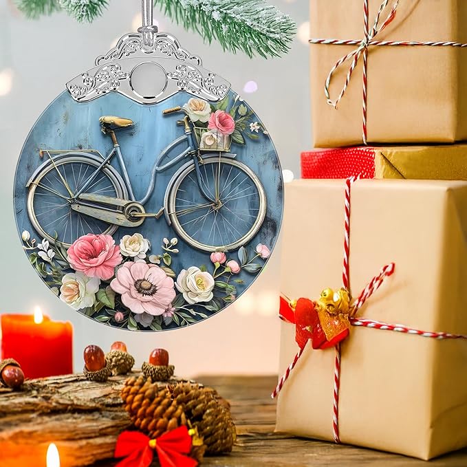 Christmas Decorations Ornaments, Stained Glass Ornament, Christmas Tree Ornaments, 2025 Gift Ornament, Xmas Gift for Friend Family Coworker - Bicycle with Flowers