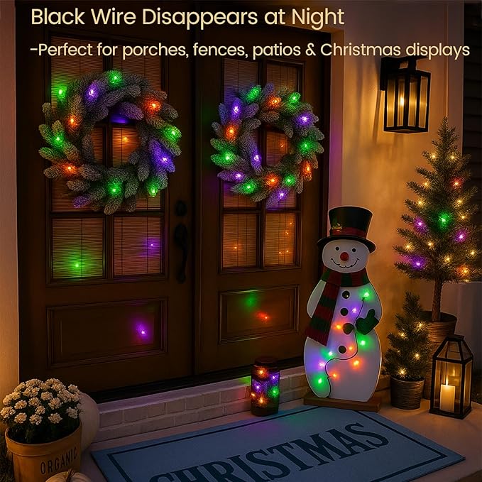 Christmas Lights– 100 Count Mini Purple Orange & Green Incandescent String Lights, 26.5ft Black Wire, UL Listed, Connectable up to 125ft, for Indoor & Outdoor Home Decor