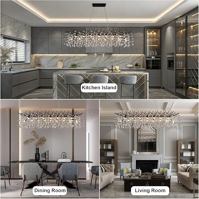 YUYI 60" Black Tree Branch Chandelier, 16-Light Rectangular Crystal Chandelier for Dining Room Kitchen Island, Luxury Modern K9 Crystal Raindrop Chandeliers Light Fixture for Living Room