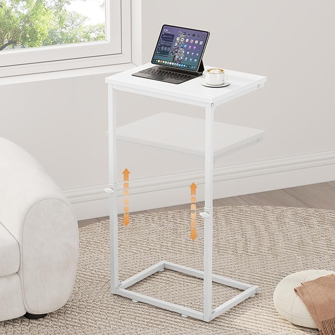Vagusicc C Shaped End Table for Couch, 33.2'' Extra Tall C Table Adjustable Height Side Table, Small Side Table for Small Spaces, Couch Tables That Slide Under, Tv Tray Table for Living Room, White