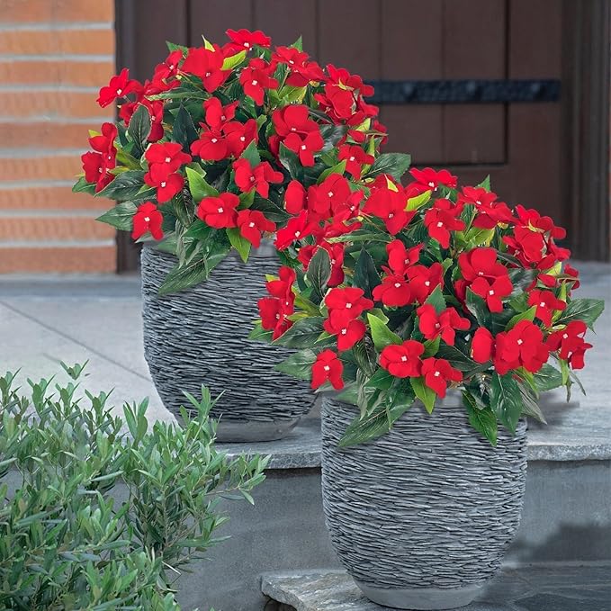 5PCS Artificial Impatiens Bouquet Flowers for Outdoors Silk Faux Flowers for Outdoor Fake Planters UV Resistant Spring Summer Indoor Decor Garden Porch Patio Window Kitchen Balcony, Red
