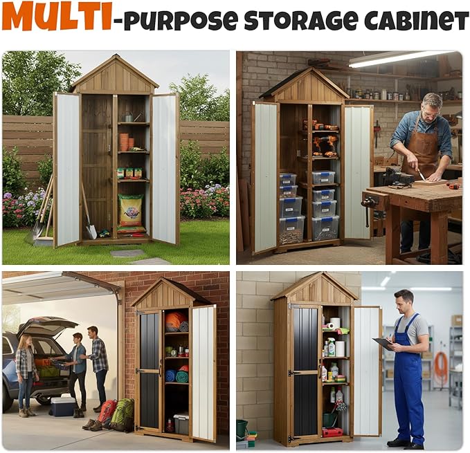 Outdoor Storage Cabinet with Shelves, Wood & Metal Storage Shed with Weatherproof Roof, 3 Removable Shelves, Double Lockable Doors, Adjustable Feet, Outside Storage Cabinet for Garage,Backyard, Patio