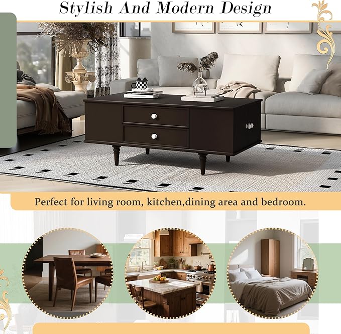 Modern Wooden Coffee Table with Hidden Storage Cabinets and Drawers, 47.2-Inch Rectangular Center Cocktail Table with Solid Wood Legs for Living Room, Brown