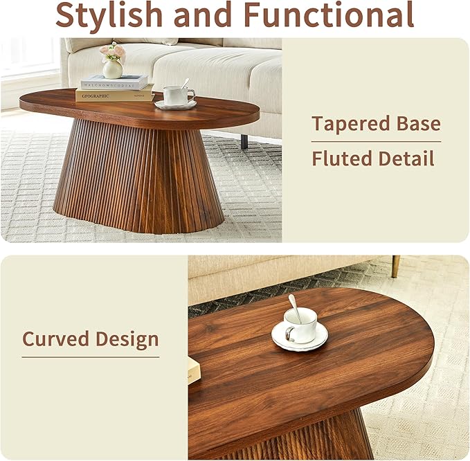 Fluted Coffee Table with Sturdy Tapered Base, Wood Oval Small Coffee Table, Mid Century Modern Center Table for Living Room Office (Walnut)