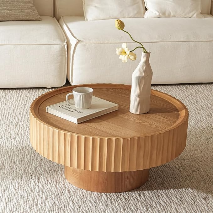 Round Coffee Table with Storage, 30.3” Fluted Drum Modern Living Room Table, Circle Wood Center Tables, Accent Mushroom Shape Coffee Tables for Living Room, Apartment(30.3''L×13.7''H)