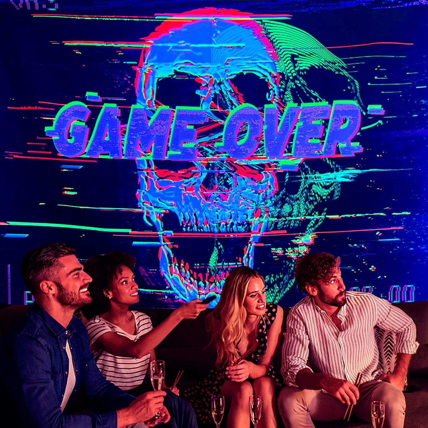 OSVINO Blacklight Skeleton Tapestry 59"x51" GAME OVER UV Reactive Wall Hanging Neon Skull Hippie Posters for Halloween Eastern Backdrop Bedroom Dorm Living Room Decor