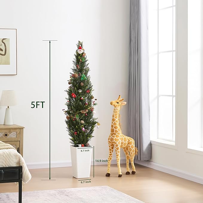 Artificial Cedar Trees 5FT Tall Artificial Bushes Cypress Shrubs, Fake Evergreen Shrubs with Extra Dense Foliage Realistic Potted & Pebbles Faux Plants for Front Porch Outdoor Christmas Tree