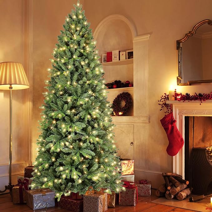 Prelit Artificial Christmas Tree 7ft,Green Spruce Christmas Tree Prelit with 400 Lights, 1318 Branches Tips Easy to Assemble for Home Holiday Decorations