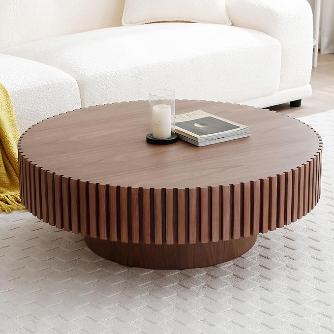 31.49" Round Wood Coffee Table for Living Room Circle Pedestal Coffee Table Mid Century Modern Fluted Accent Table for Apartment Easy Assembly (Walnut,Round+Ø31.49"x13.97")