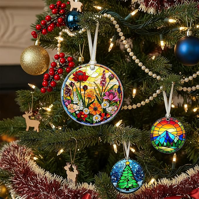 Floral Christmas Ornaments 2025, Stained Glass Christmas Tree Decorations, Exchange for Women, Men, Collectible Dated Year Ornaments for Tree - Glass Hanging Ornament