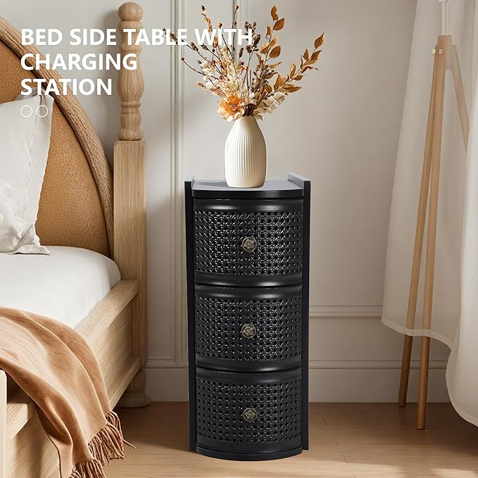Metal Rattan Narrow End Table with Charging Station Set of 2, Black Side Table with Drawers Storage, Small Night Stand with Power Outlets and USB Ports, Sofa Side Table for Living Room - Black