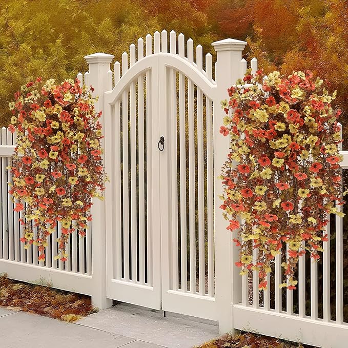 Geegoods Artificial Mum Flowers for Outdoors, 2Pcs Hanging Flowers Plants UV Resistant Realistic Silk Flowers for Outside Patio Porch Garden Yard Balcony Fall Decor