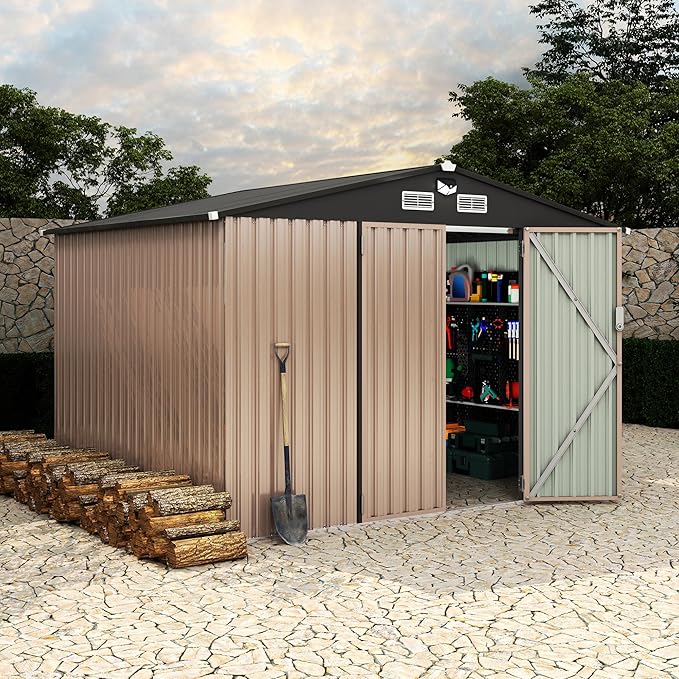 8x10 FT Metal Storage Sheds Outdoor with Solar Light, MetalTool Shed with Lockable Door, MetalYard Sheds Garden Shed Kit, Metal UtilitySheds Buildings with Air Vent for Backyard Garden Patio Lawn