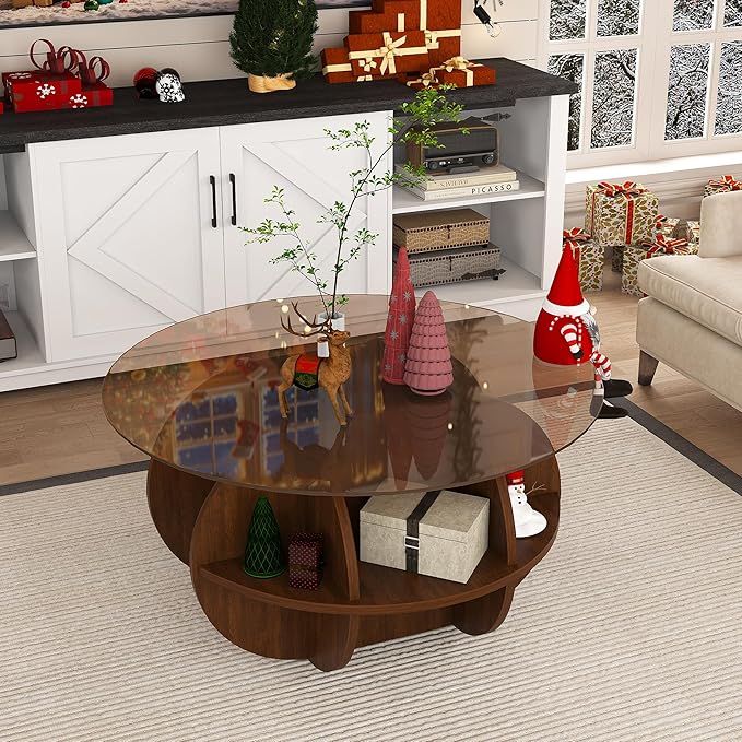 Modern Round Coffee Table, 31.5'' Glass Coffee Tables for Living Room with Storage ,Walnut Brown Circle Center Table with Tempered Glass-Top and Wooden MDF Frame, for Small Spaces (Walnut Style 2)