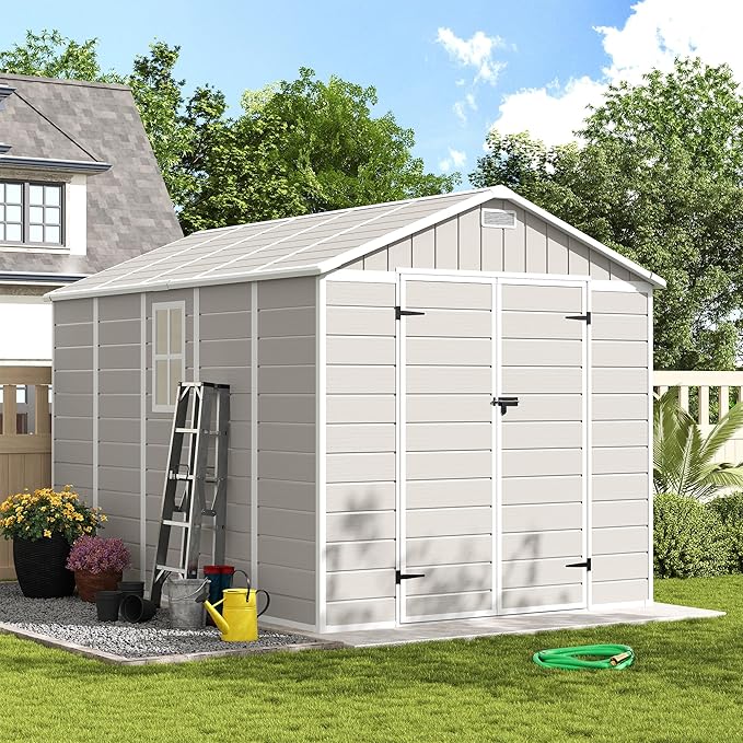 Amopatio Outdoor Storage Shed with Floor, 8x10 FT Lockable Plastic Tool Shed with Ventilation, Waterproof Resin Garden Sheds for Backyard, Patio, Lawn and Bike Bedge