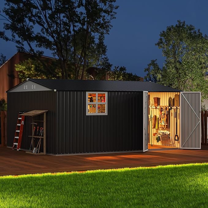 12x14 FT Outdoor Metal Storage Shed with Window, Large Lockable Metal Garden Tool Shed with Heavy-Duty Frame for Backyard, Patio, and Lawn, Black