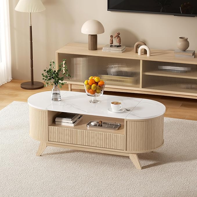 Coffee Table with Storage, Mid Century Modern Center Table for Living Room, Oval Fluted Coffee Table with Hidden Storage Space, Open Shelf & Drawer, Natural Wood
