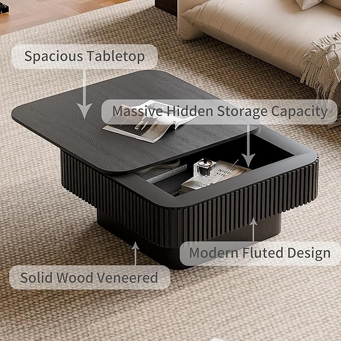 31.5'' Square Coffee Table with Storage, Mid Century Modern Fluted Drum Center Tables with Lid, Solid Wood Modern Coffee Table Accent Tea Table for Living Room, Bedroom, Apartment or Office, Black