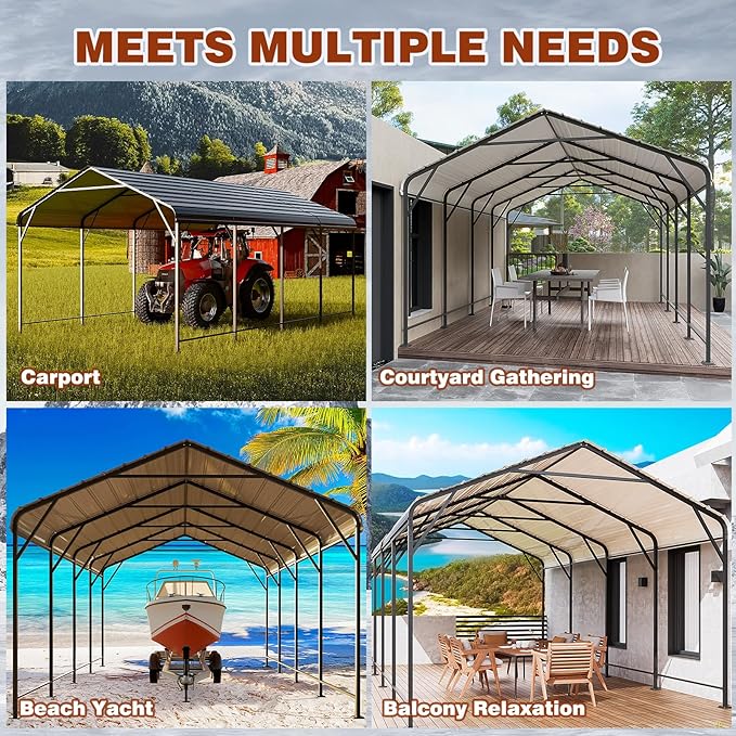 LEVELEVE 12x20 FT Heavy-Duty Metal Carport, Galvanized Steel Car Canopy with Reinforced Base Frame, Outdoor Shelter for Cars, Trucks, Boats, Tractors & RV