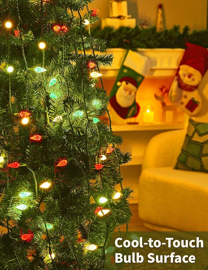 BOHON Red White and Green Christmas Lights Outdoor, Faceted C6 50ft 100 LED String Lights Plug in, Extendable Green Wire Christmas String Lights for Indoor Patio Xmas Tree Decoration