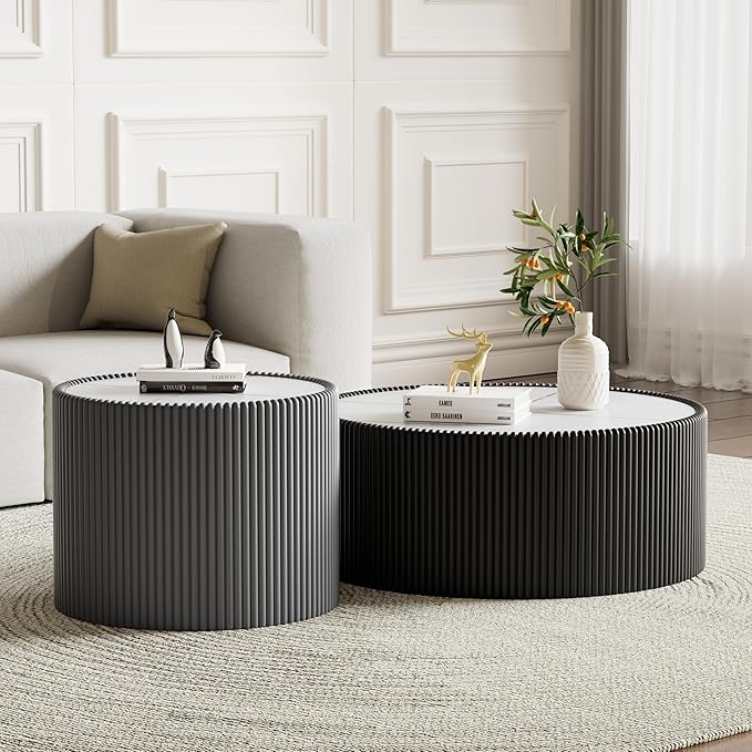 29.52" Black Round Coffee Table, Drum Coffee Table with Sintered Stone Tabletop and Fluted PU Leather Covered and Stable Base, Circle Cocktail Tea Table for Living Room