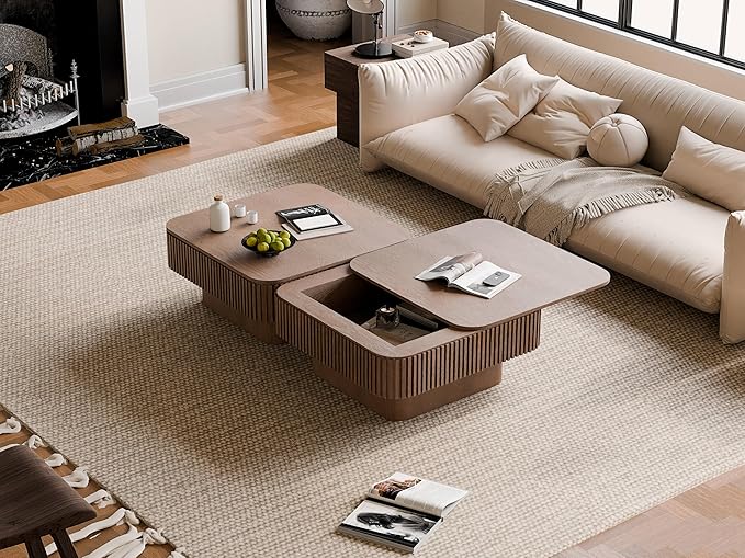 31.5'' Square Coffee Table with Storage, Mid Century Modern Fluted Drum Center Tables with Lid, Solid Wood Modern Coffee Table Accent Tea Table for Living Room, Bedroom, Apartment or Office, Walnut