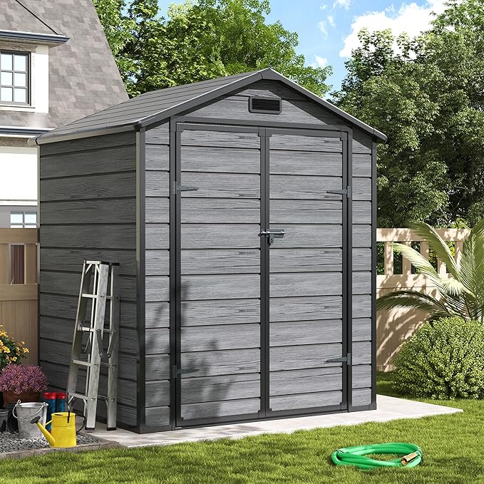 Amopatio Outdoor Storage Shed with Floor,6x4.5 FT Lockable Plastic Tool Shed with Ventilation,Waterproof Resin Garden Sheds for Backyard,Patio,Lawn and Bike Dark Grey