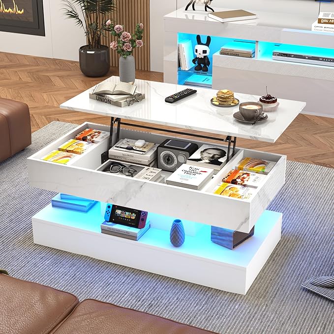 39.4" Large Lift Top Coffee Table with Charging Station, LED Modern High Glossy Center Table with Hidden Compartment Storage, White Lift Living Room Tables with Marbling Print, White