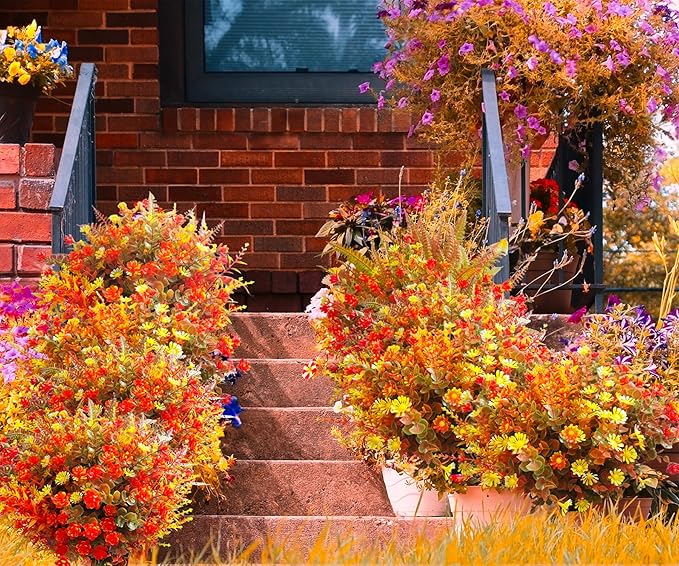 18 PCS Artificial Mums Fall Flowers for Outdoors, Artificial Plants Outdoor Fake Mums UV Resistant, Outdoor Fake Plants Plastic Faux Flowers for Porch Window Box Garden (Orange Red)