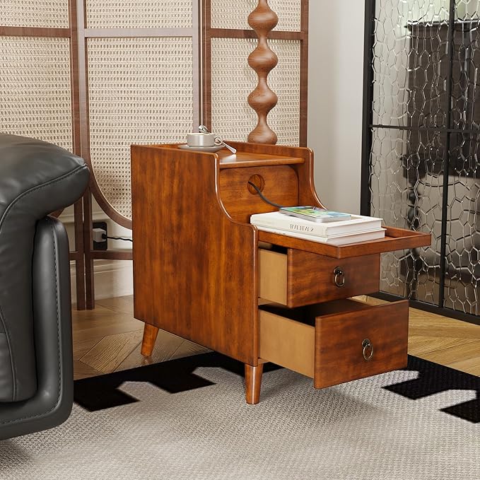 Solid Hardwood End Table with 2 Drawers, Traditional Beside Table with Pull-Out Coffee Tray, Modern Vintage Sofa Chair Side Table Nightstand for Living Room Bedroom, Cherry Brown Accent Table BGA1359