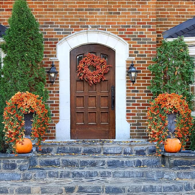 2PCS Artificial Hanging Fall Flowers for Outdoors Decorations, Orange Realistic Faux Silk Daisy with Eucalyptus, UV Resistant Fake Mums for Autumn Home Decor Patio Porch Window Box Front Door