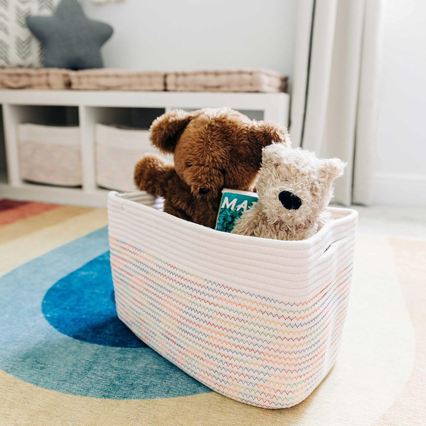 OrganiHaus Set of 3 Woven Storage Baskets for Organizing, Cotton Rope Organizer Bins for Shelves, Closet & Nursery, Dog Toy Basket, Decorative Bins for Toys, Towels & Books - 15x10x9, Rainbow Stitches