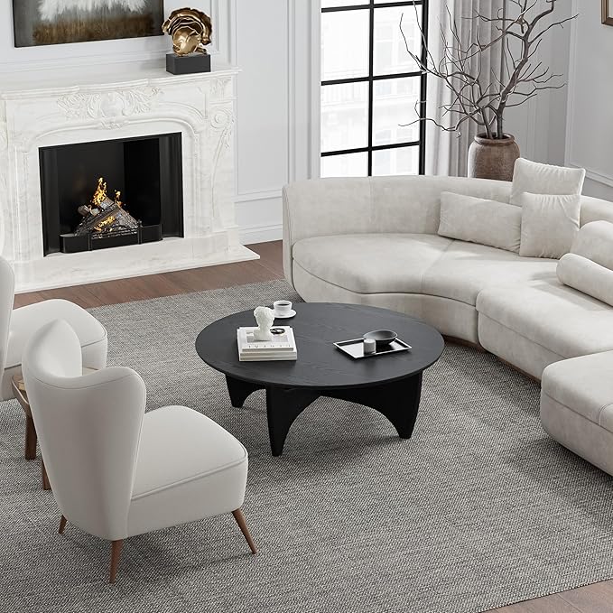Casaphoria 38" Round Coffee Table, Modern Farmhouse Wood Coffee Table with Cross Sturdy Legs for Home Office, Living Room, Easy Assembly, Black