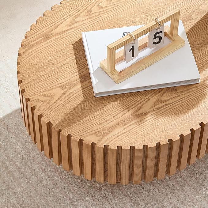43.7" Oval Coffee Table for Living Room,Modern Handcraft Drum Coffee TableSmall Wooden Coffee Table with Sturdy Pedestal Easy Assembly for Office-Natural
