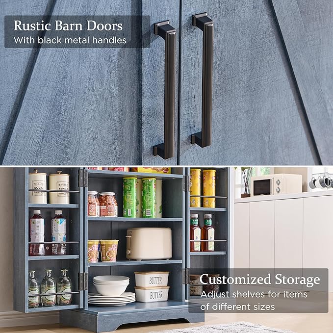 ACCOHOHO 47" Kitchen Pantry, Farmhouse Storage Cabinet with Barn Doors, Organizer and Adjustable Shelves, Rustic Wood Cupboard for Kitchen, Dining Room, Bathroom and Hallway, Rustic Blue