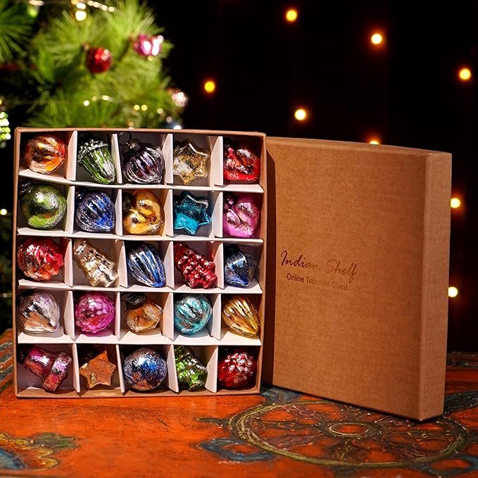 IndianShelf 300 Pieces Multicolor Distress Glass Vintage Christmas Ornaments Mini Bulk Decorative Ornaments for Halloween, Christmas Tree, New Year, Valentine Day, Holidays Event (25 * 12 Boxes)