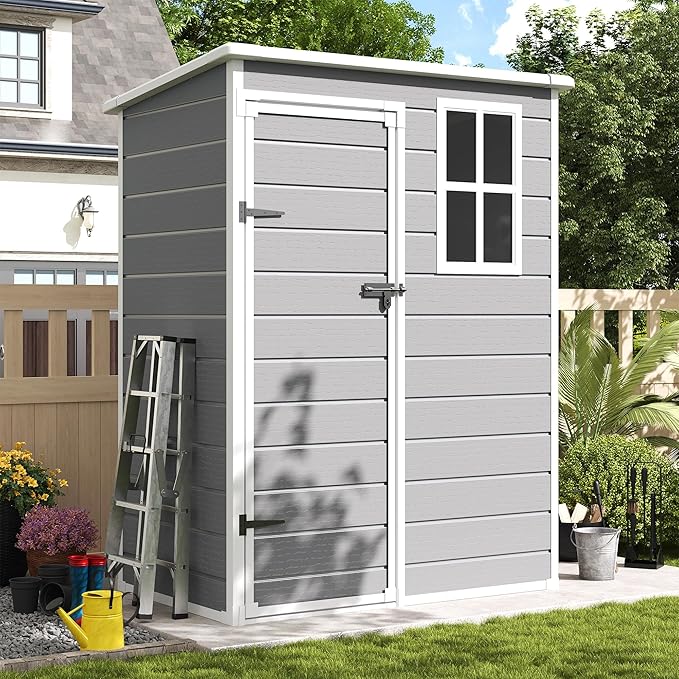 Amopatio Outdoor Storage Shed with Floor,5x3 FT Lockable Plastic Tool Shed with Ventilation,Waterproof Resin Garden Sheds for Backyard,Patio,Lawn and Bike Grey