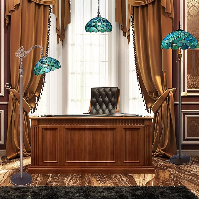 Tiffany Floor Lamp Stained Glass Lamp 18.88X12X67 Inch Angle Adjustable Arched Gooseneck Antique Reading Light (Sea Blue Pearl)
