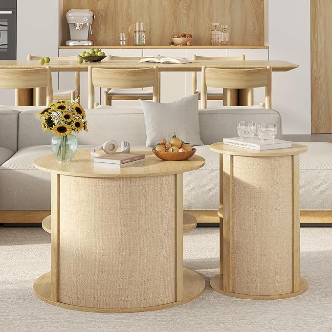 Wood Round Coffee Table Set, 2-Tier Farmhouse Center Coffee Table and End Table Sets of 2 with Adjustable Shelf, Sackcloth Finish, Boho, for Living Room, 27.5 Inches, Nature